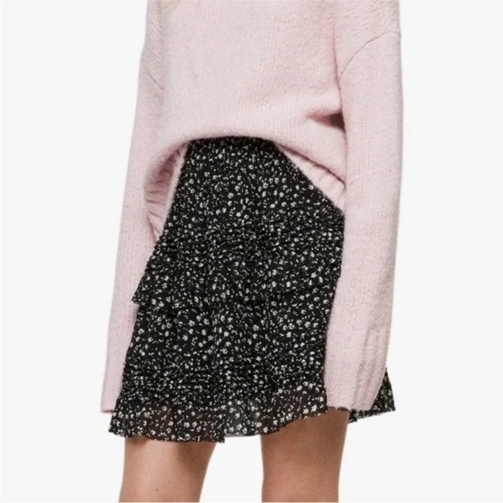 All Saints Pippa Ruffle Asymmetrical Black and White Floral Tiered Skater Skirt
